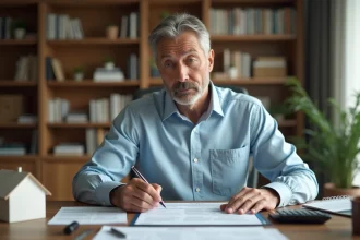 Un homme d'affaires consultant des documents immobiliers et fiscaux pour calculer les abattements sur une plus-value immobilière