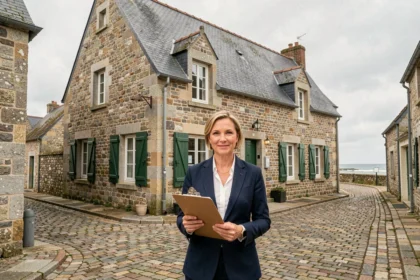 Agente immobilière professionnelle devant une maison en pierre bretonne typique dans une rue pavée de Bretagne