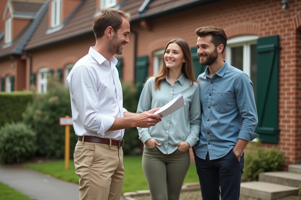 Agent immobilier remettant des documents à un couple devant une maison à vendre