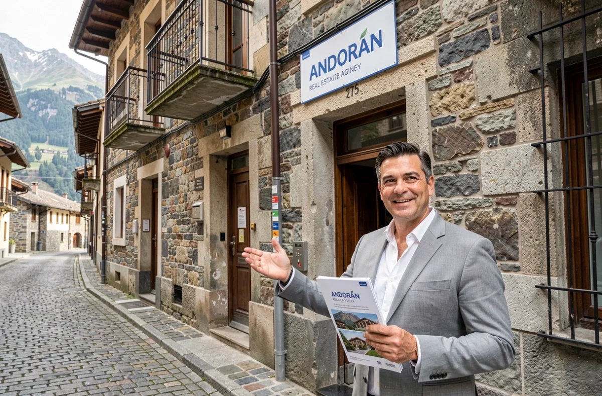 Agent immobilier devant une agence en Andorre avec façade en pierre dans une rue pavée