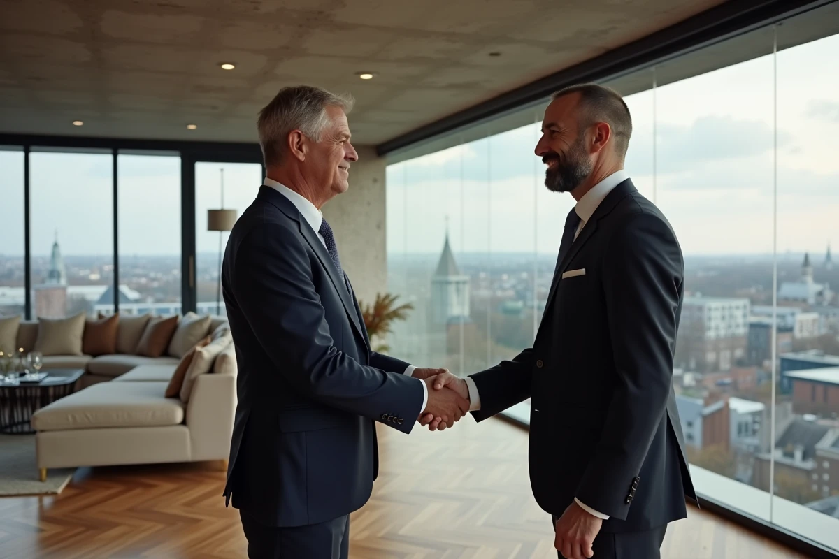 Agent immobilier de luxe concluant une transaction dans un penthouse haut de gamme avec vue panoramique sur la ville