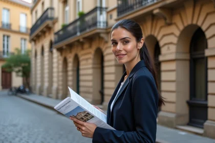 Femme agent immobilier tenant une brochure devant un immeuble haussmannien à Lyon