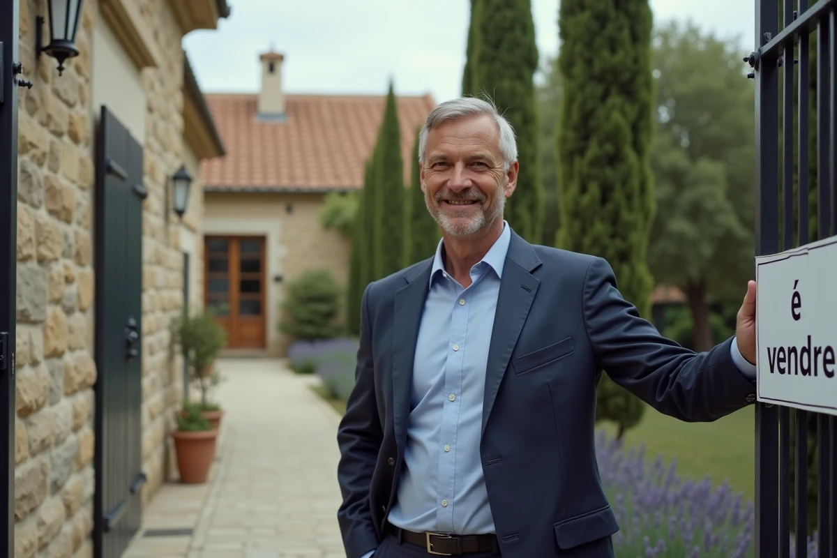 Agent immobilier posant un panneau à vendre devant une villa provençale avec jardin de lavande