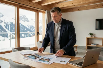 Agent immobilier examinant des documents de vente d'appartement dans un chalet moderne aux Menuires avec vue sur les pistes enneigées