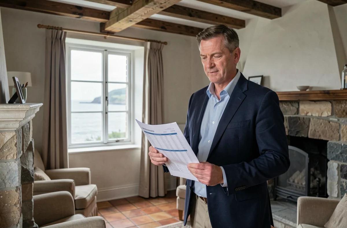 Agent immobilier présentant une petite maison à vendre en Normandie avec vue mer depuis l'intérieur