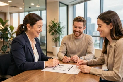 Agent immobilier PROX'IMMO conseillant un couple dans une agence moderne autour de documents de vente