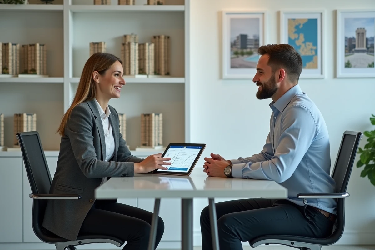 Agente immobilière présentant des données de marché et tendances de prix à un acheteur potentiel en agence