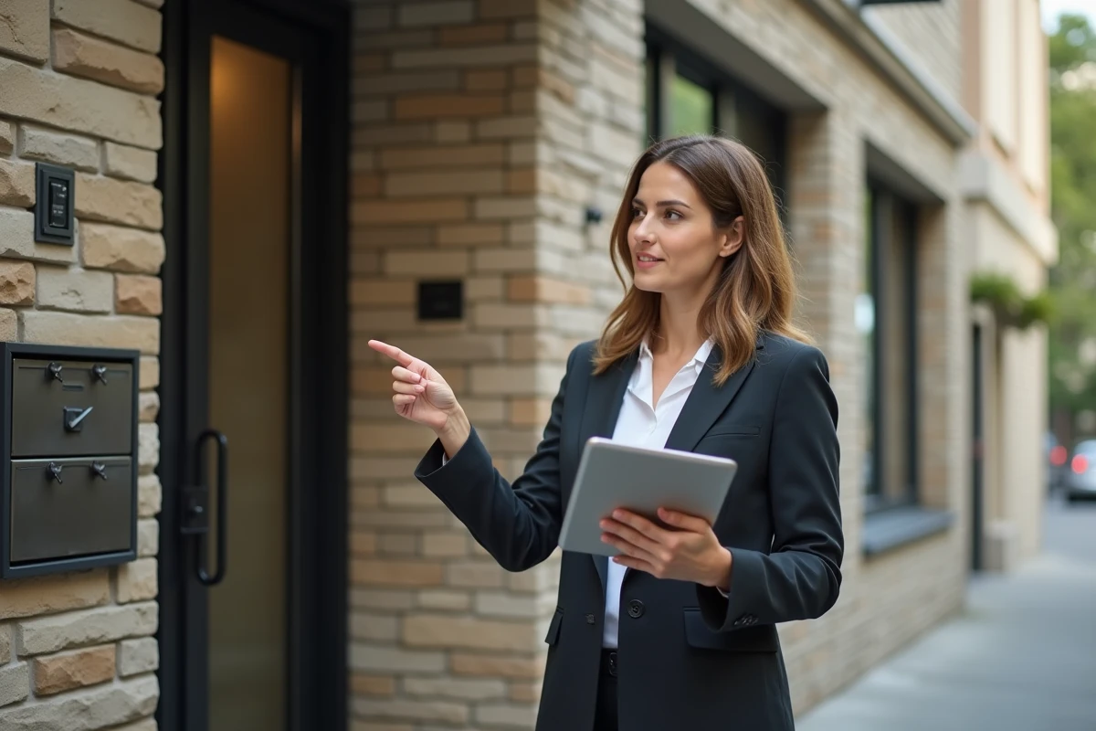 Agente immobilière devant un immeuble résidentiel expliquant l'assurance propriétaire non-occupant