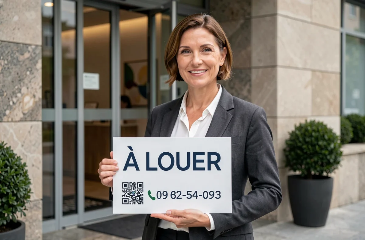 Agente immobilière tenant un panneau À Louer personnalisé devant l'entrée d'un immeuble moderne avec logo d'agence visible