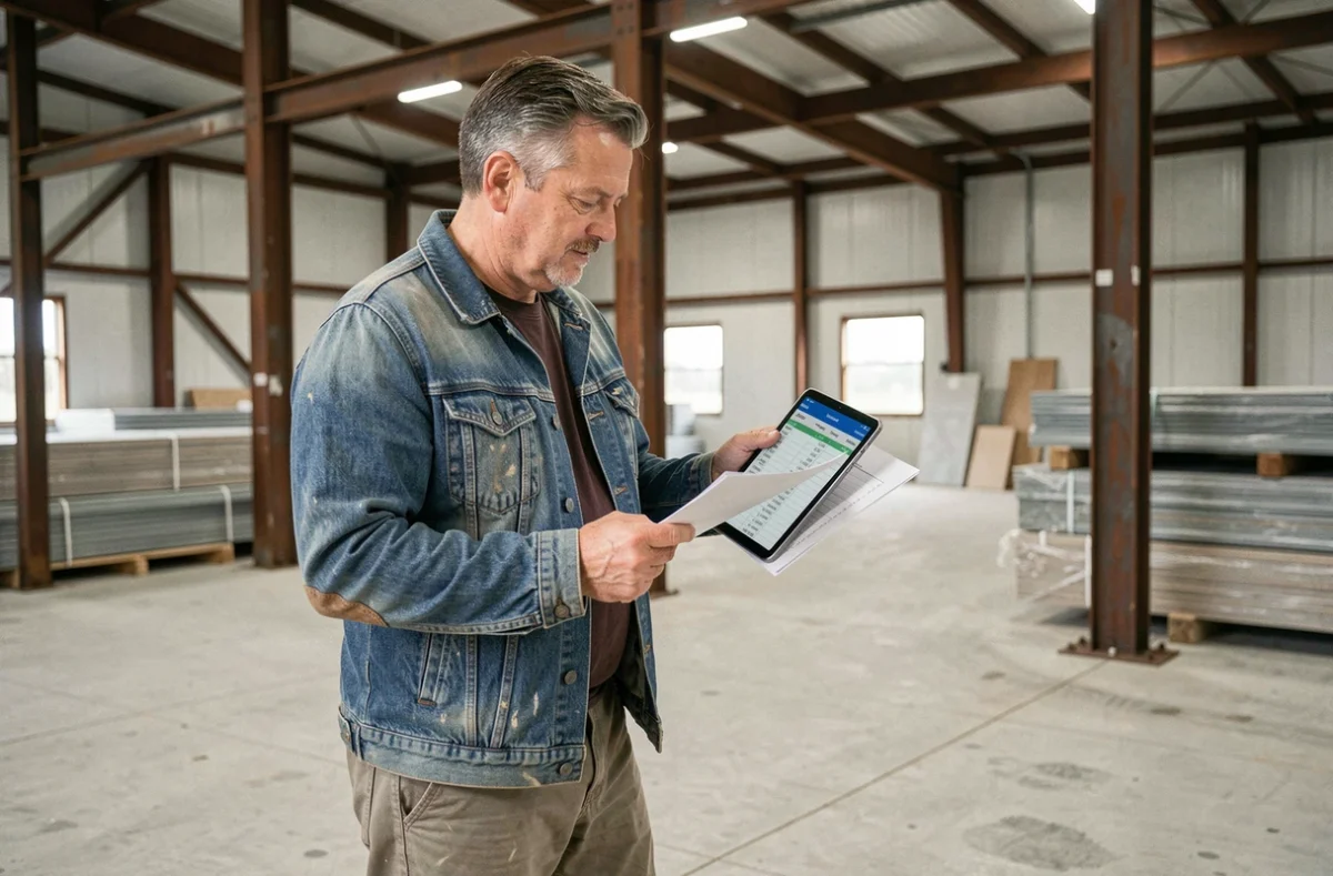 Agriculteur examinant des documents de budget pour la construction d'un hangar agricole, estimation des coûts et aides publiques au m2