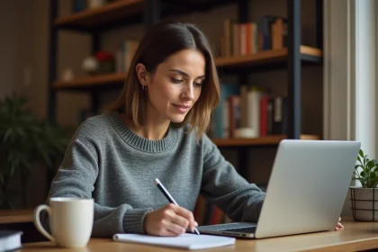 Femme analysant des annonces de location sur un ordinateur portable dans un bureau à domicile