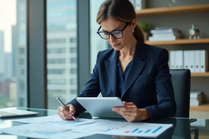 Femme cadre analysant des graphiques financiers et des données d'investissement dans un bureau moderne
