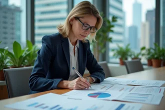 Femme cadre analysant des graphiques financiers à long terme dans un bureau moderne pour évaluer un investissement SCI