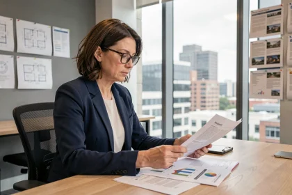 Professionnelle analysant des rapports sur les baisses de prix immobilier dans un bureau moderne
