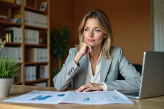 Femme analysant la rentabilité d'un investissement locatif sur ordinateur portable avec des documents financiers