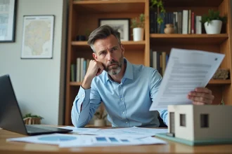 Investisseur immobilier analysant la rentabilité locative avec des documents et un modèle de bâtiment sur un bureau en bois