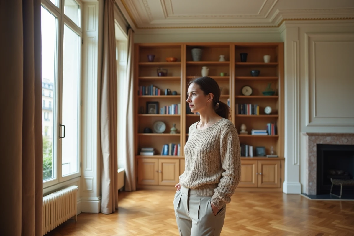 Femme dans un appartement de style haussmannien avec parquet en chevrons, moulures en plâtre et cheminée en marbre, représentant un appartement traditionnel parisien