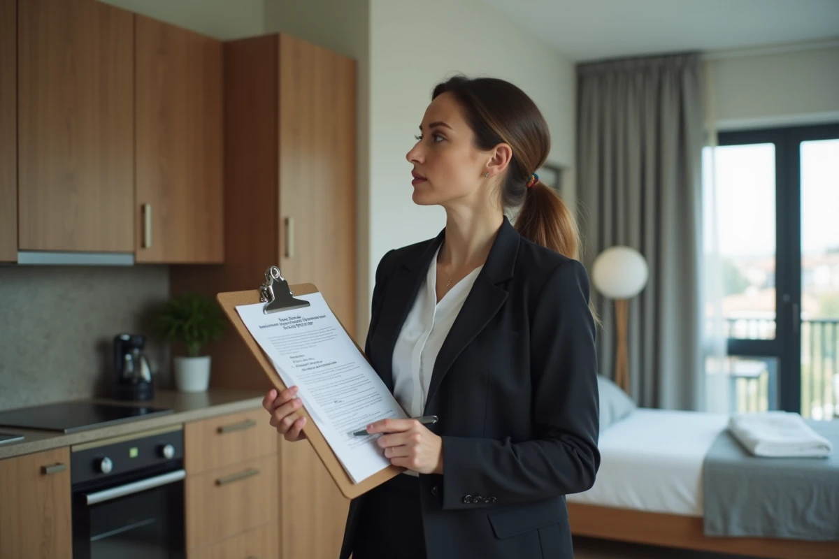 Propriétaire d'un meublé LMNP inspectant un appartement en location avec un formulaire de gestion locative