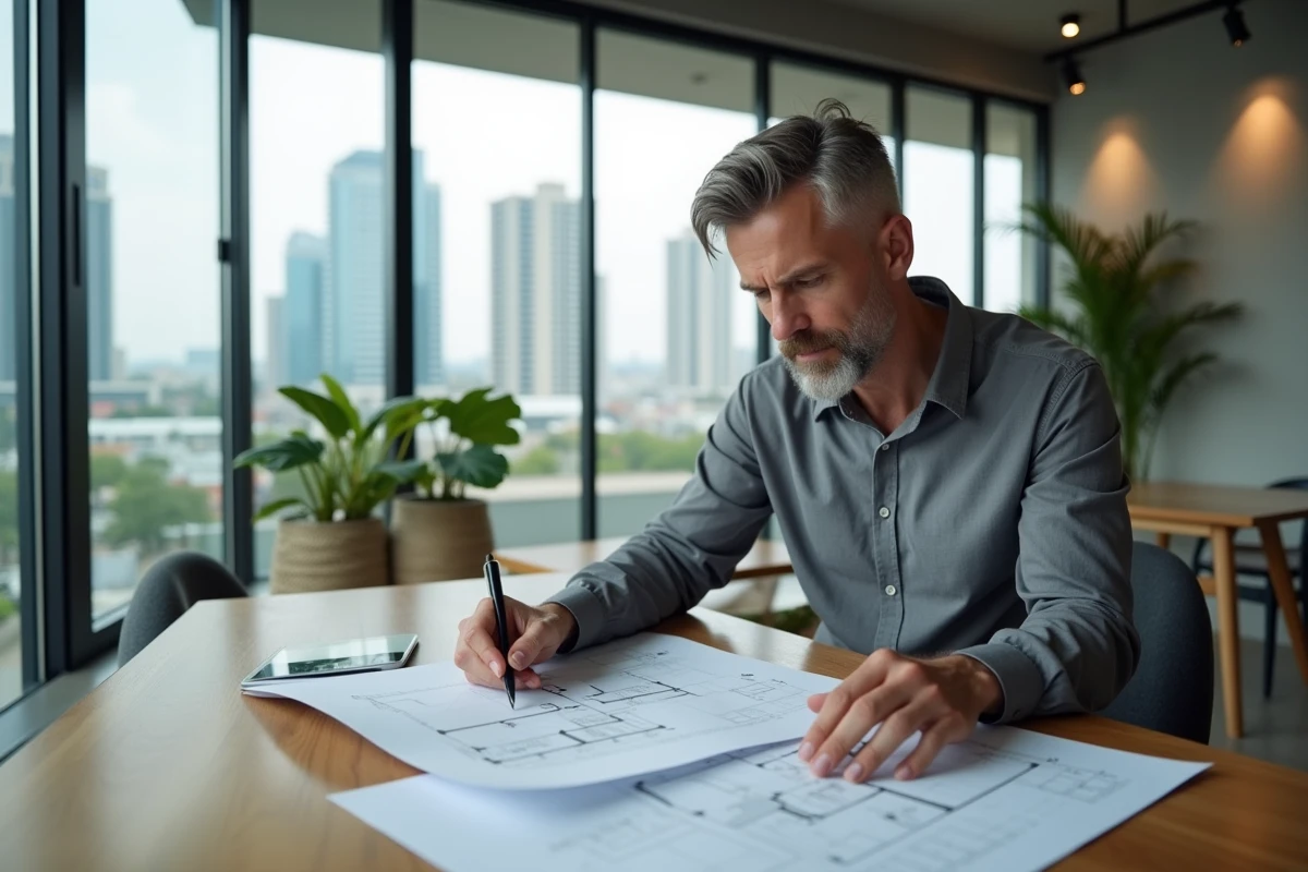Homme étudiant des plans immobiliers dans un appartement moderne avec vue sur la skyline urbaine contemporaine