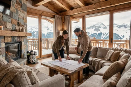 Couple examinant des plans d'appartement dans un chalet moderne aux Menuires avec vue panoramique sur les montagnes enneigées