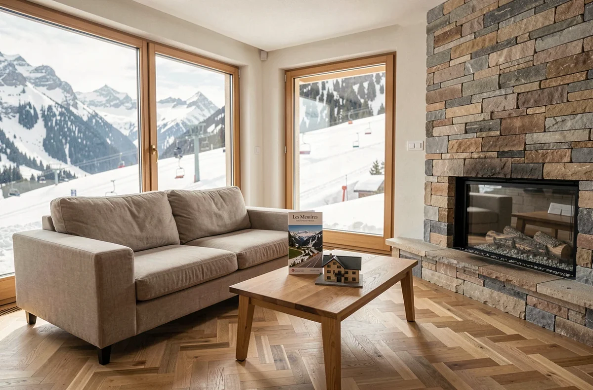 Appartement de ski vide mis en vente aux Menuires avec vue panoramique sur les pistes et brochure immobilière sur la table