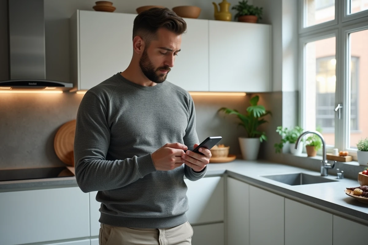 Homme utilisant une application de calcul de surface habitable sur smartphone dans une cuisine moderne
