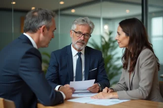 Couple en réunion avec un conseiller bancaire pour discuter d'un apport immobilier