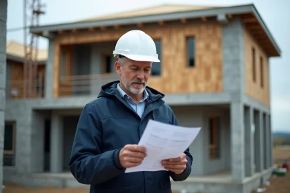 Architecte sur un chantier de construction étudiant les normes RT 2026 face à un bâtiment en cours de construction