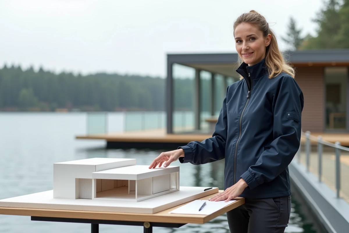 Architecte présentant une maquette de bâtiment flottant sur un lac