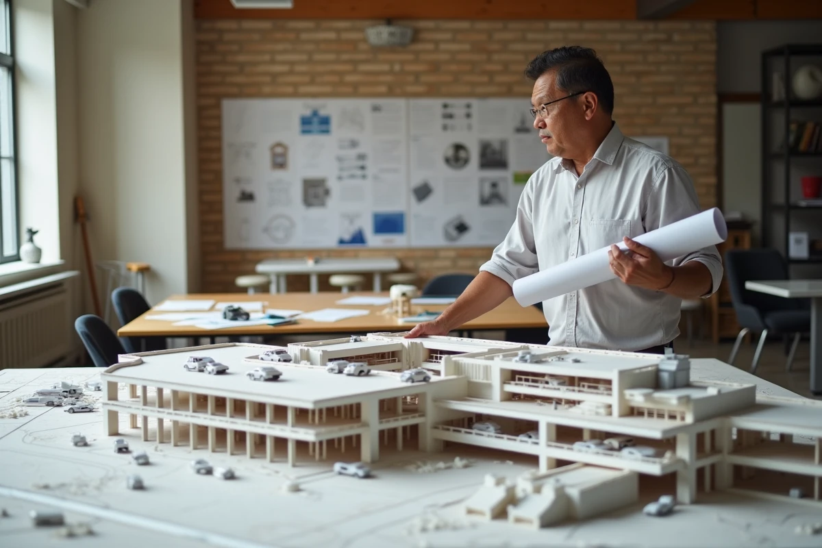 Architecte présentant une maquette de parking avec plan de conception et détails des niveaux de stationnement