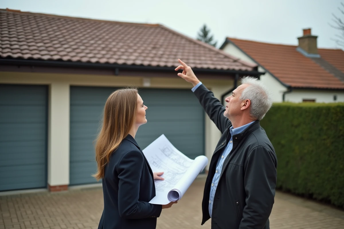Architecte et propriétaire discutant du projet de construction d'une terrasse sur le toit d'un garage en milieu pavillonnaire