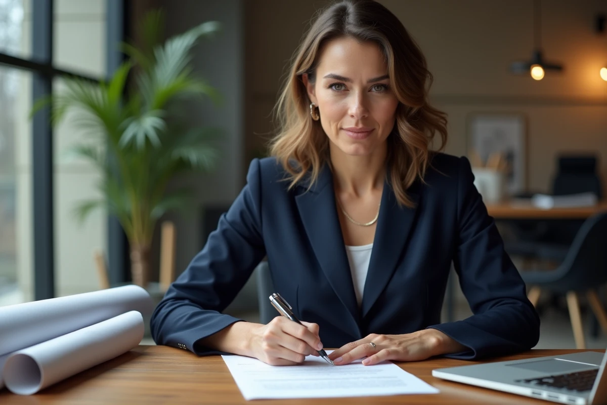 Architecte signant un contrat d'assurance décennale dans un bureau professionnel moderne