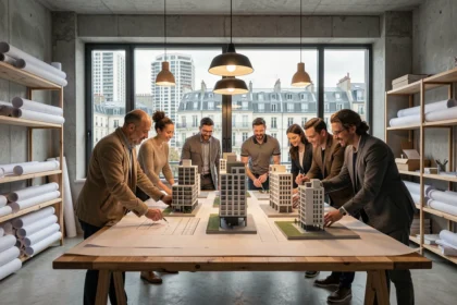 Équipe d'architectes travaillant en studio sur des maquettes et plans dans un espace moderne en Seine-Saint-Denis