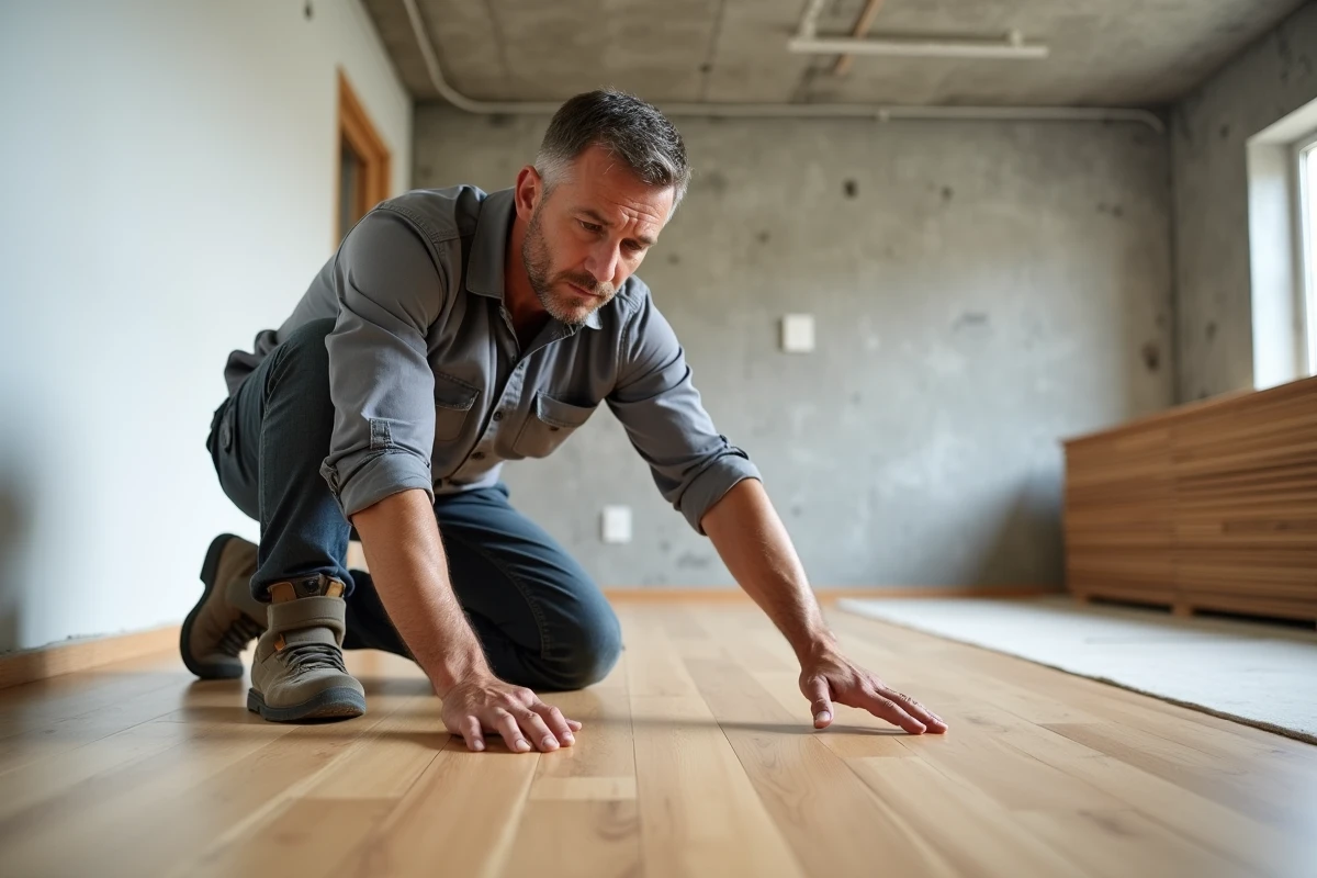 Artisan poseur de parquet inspectant un parquet numéro 1 en chêne lors d'une rénovation appartement
