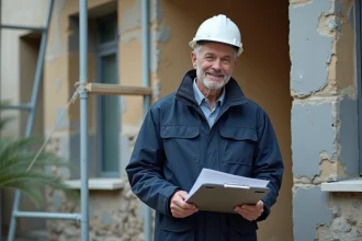 Artisan en veste de travail consultant des documents devant un ravalement de façade en cours avec échafaudage