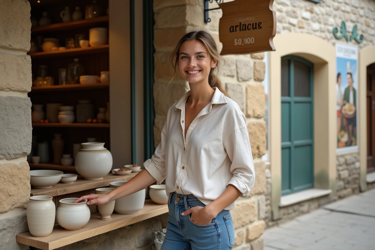 Jeune artisane arrangeant des céramiques devant sa boutique dans une rue commerçante revitalisée d'un village rural français