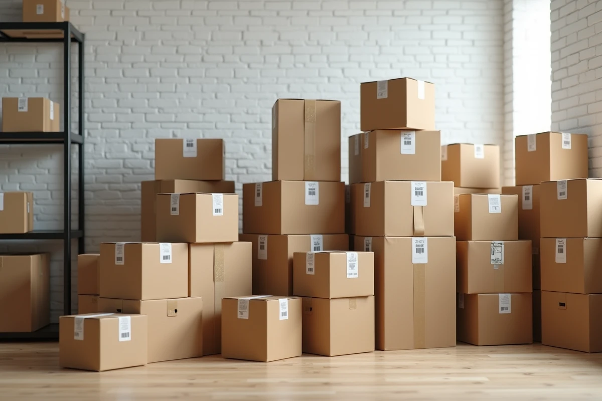 Assortiment de kit box en location empilées dans une salle de stockage, différentes tailles et formats disponibles