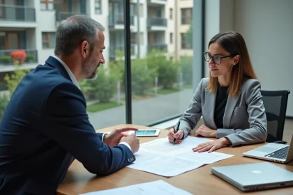 Gestionnaire de copropriété et agent d'assurance examinant un contrat d'assurance immeuble dans un bureau moderne
