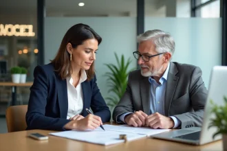 Propriétaire et agent immobilier examinant un contrat d'assurance garantie loyer impayé dans une agence moderne