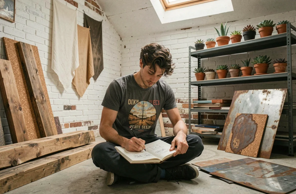 Architecte de l'Atelier ALT.R explorant des matériaux alternatifs et des croquis de conception dans son studio à Montreuil