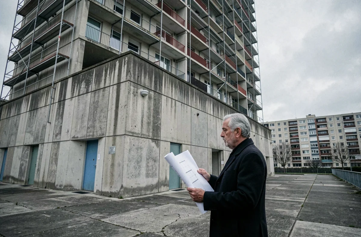 Architecte de l'Atelier Téqui devant un grand ensemble en cours de réhabilitation à Aubervilliers