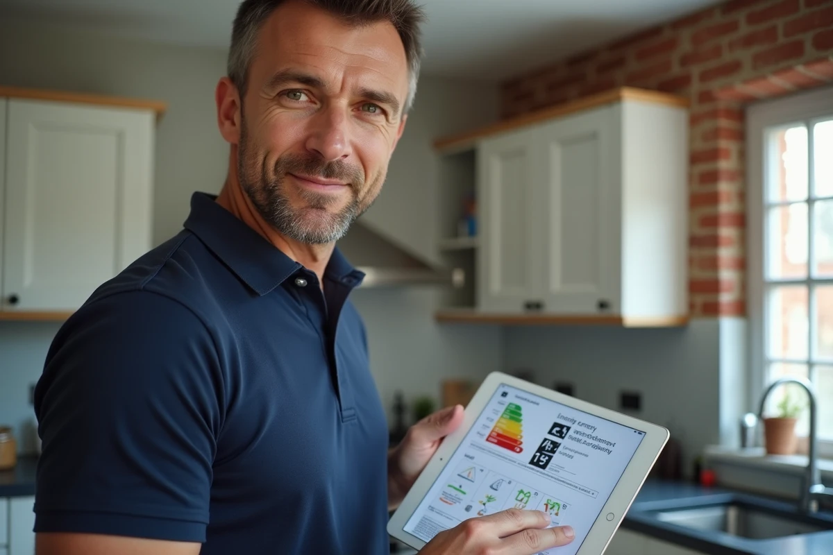 Auditeur énergétique tenant une tablette avec un certificat DPE coloré lors d'une inspection résidentielle