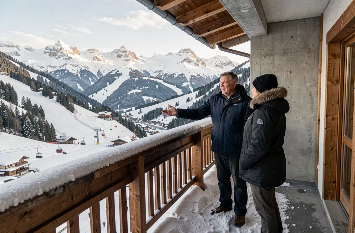 Agent immobilier présentant la vue sur les pistes depuis le balcon d'un appartement à vendre aux Menuires