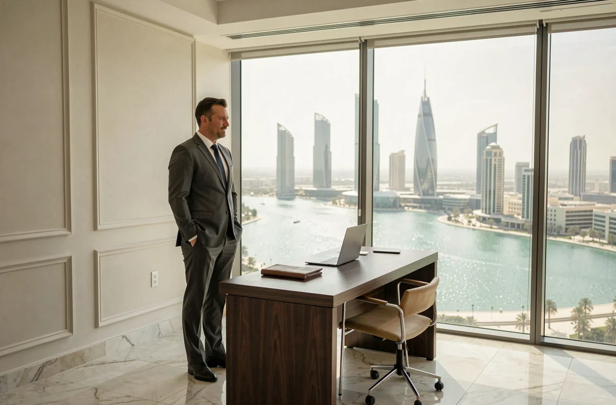 Bureau premium avec vue panoramique sur le quartier JLT Dubai, professionnel en costume devant une baie vitrée