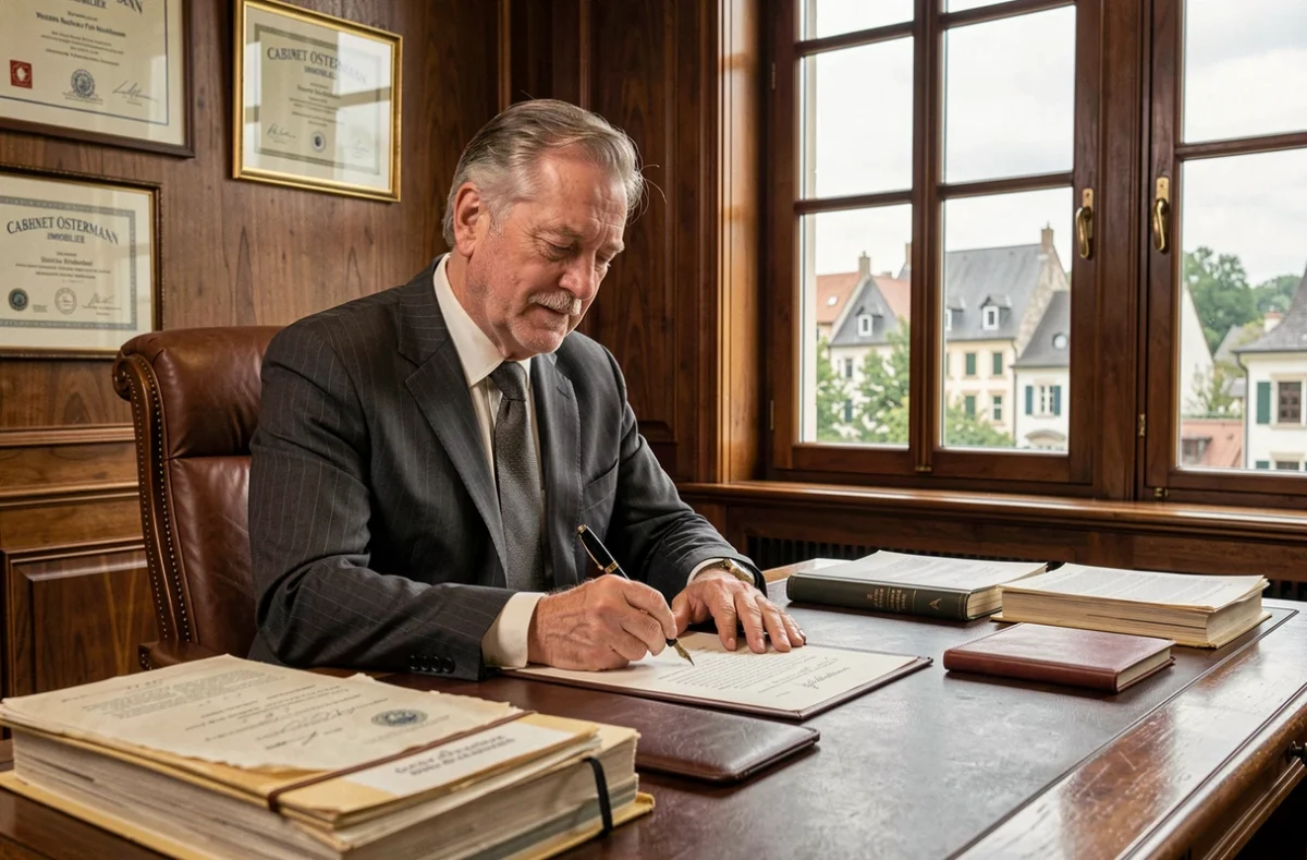 Directeur du Cabinet Ostermann Immobilier Moselle signant un mandat de syndic dans un bureau directorial classique et élégant