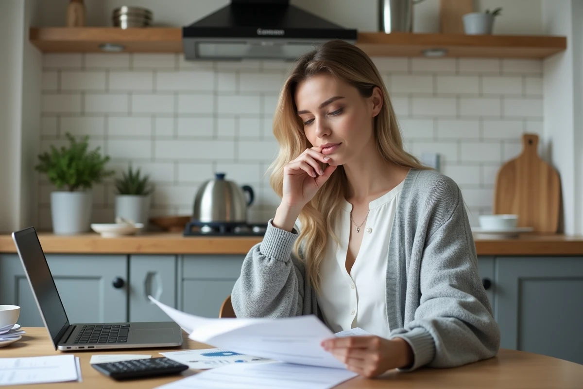 Femme calculant son apport personnel pour un achat immobilier à domicile