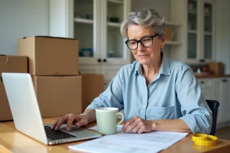 Femme calculant le coût de son déménagement avec des devis et un ordinateur portable sur une table en bois entourée de cartons