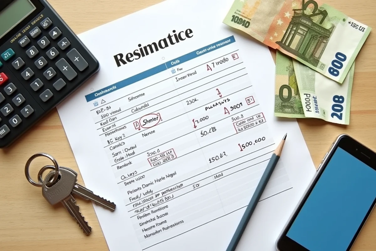 Vue aérienne d'un bureau avec calculs de rentabilité locative, clés d'appartement, calculatrice et billets en euros