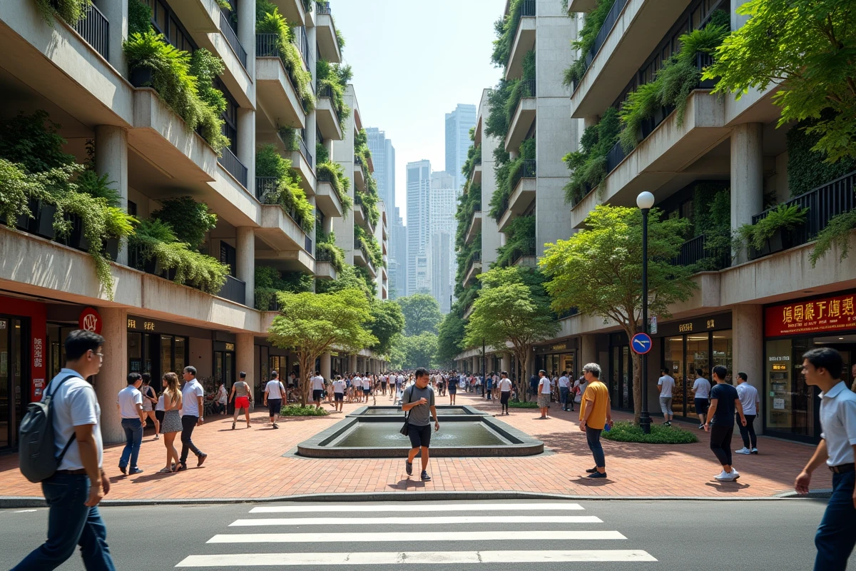 Carrefour urbain asiatique dense et à échelle humaine illustrant la complexité et la richesse des principes du design urbain durable