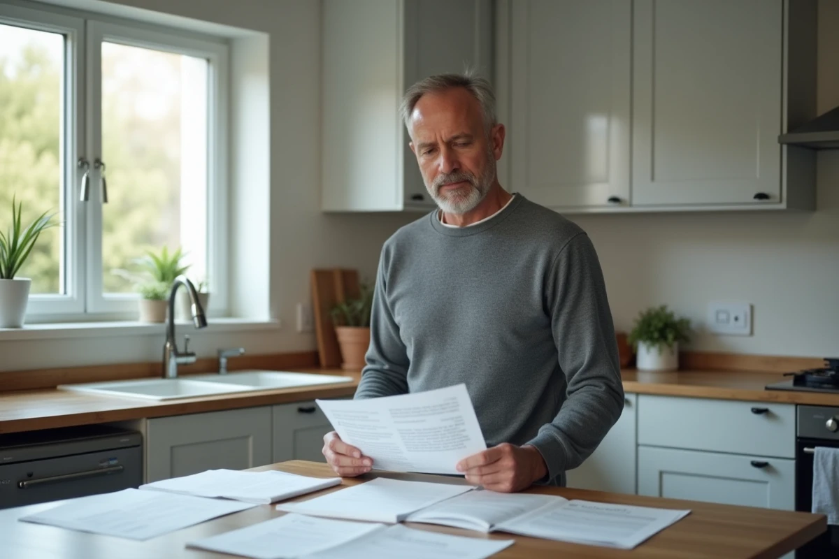 Homme consultant une liste de documents nécessaires pour un hébergement dans une cuisine moderne